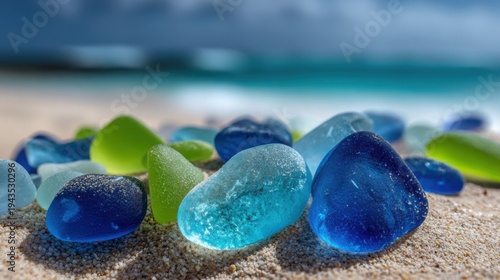 Smooth, rounded sea glass fragments in various shades of blue and green scattered on a sandy beach with the ocean blurred in the background.