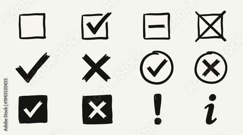 Hand drawn check mark and cross mark icons for user interface design.