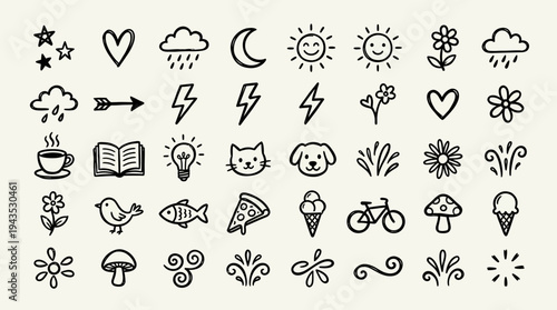 Hand drawn doodle icon set with various cute and simple illustrations.