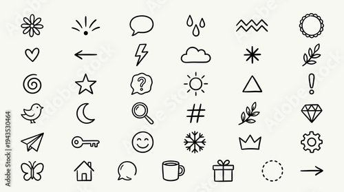 Hand drawn doodle icon set for social media and digital design.