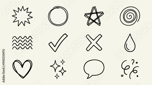 Hand drawn doodle icon set with various shapes and symbols.
