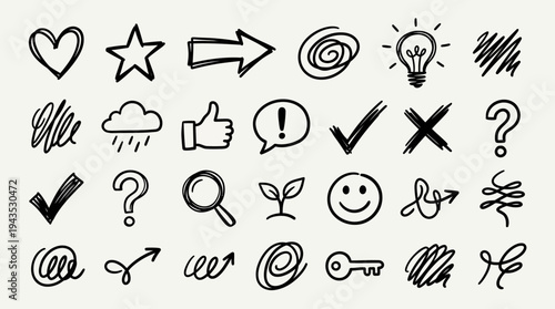 Hand drawn doodle icon set with various symbols and arrows.