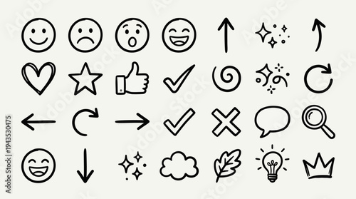 Hand drawn doodle icon set with various symbols and emojis.