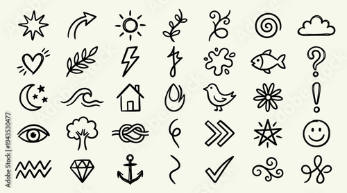 Hand drawn doodle icon set with various symbols and shapes.