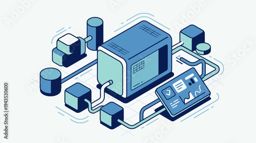 Isometric illustration of a data processing system with connected components.