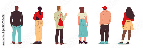 Set of people from back side view. Men and women in stylish casual clothes looking at something. Flat vector illustration collection isolated on background