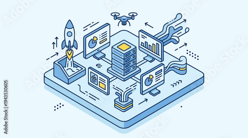 Isometric illustration of a data center with various connected devices and analytics displays.
