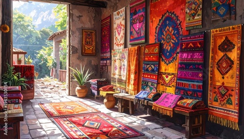 A sunlit interior of a shop showcasing vibrantly patterned textiles. Rugs and wall hangings display vivid colors
