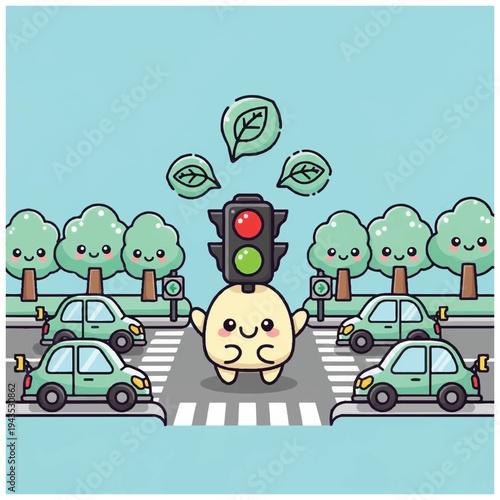 A cartoon character stands under a traffic light with green leaves floating above, surrounded by green cars and trees on a city street. Perfect for environmental campaigns, eco-friendly