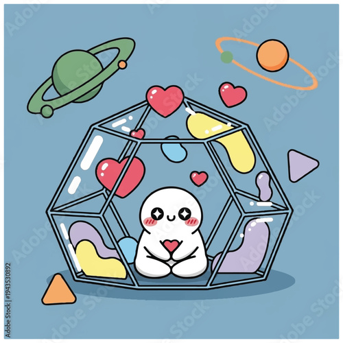 A cute cartoon ghost sitting inside a transparent geodesic dome surrounded by colorful hearts and planets on a blue background. Perfect for illustrations, greeting cards, and children's