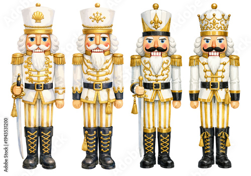 A festive watercolor collection of white and gold nutcracker soldiers featuring elegant Christmas nutcracker figurines in royal holiday uniforms.