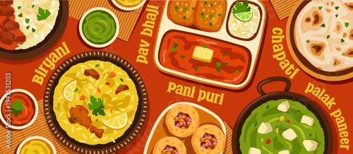 Banner with traditional Indian cuisine. Lunch table with delicious Indian food, Pani Puri, Pav Bhaji, Palak Paneer and Chapati. Top view of street food dishes. Cartoon Flat vector illustration