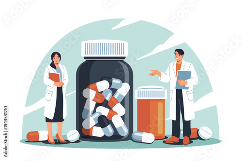 Pharmaceutical research. Medical staff in uniforms stand next to jars of pills and tablets used to treat illnesses. Scientists developing new drugs. Flat vector illustration isolated on background