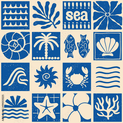 Summer seamless pattern. Repeating geometric pattern with marine elements, coral, fish, seaweed and crab in Matisse style. Design for wallpaper and fabric printing. Hand drawn vector illustration