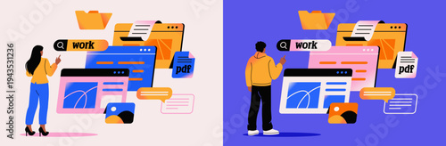 Employees in front of work windows. Man and woman faced with large number of work tasks, projects and files. Effective and productive workflow for freelancers. Flat vector illustration collection