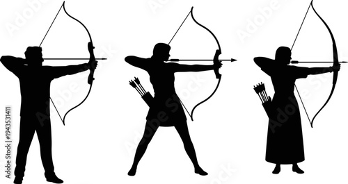 Archer silhouettes aiming bow and arrow archery sport hunter warrior shooting target vector illustration isolated collection