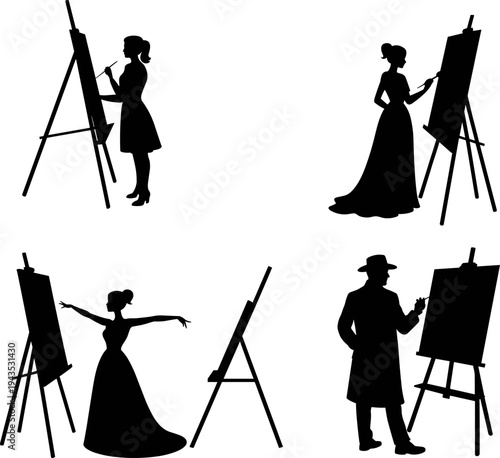 Artist painting on easel silhouettes collection with male and female painters creative art studio activity vector illustration isolated on white background