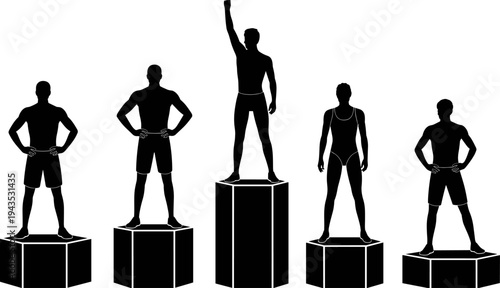 Athlete winners podium silhouettes with male and female champions standing on victory pedestal sports competition award ceremony vector illustration isolated on white background