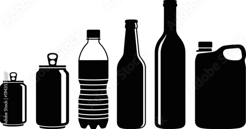 Beverage container silhouettes set featuring aluminum cans, plastic water bottle, glass beer bottle, wine bottle and large liquid jug isolated on white background