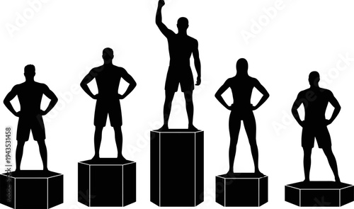Athlete winners standing on podium silhouettes showing champion raising fist in victory with competitors on award platform representing sports competition achievement and success