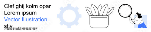 Productivity, teamwork, research, analysis, nature, problem-solving. A gear icon, plant in a pot and a person examining with a magnifying glass. Productivity and research concept