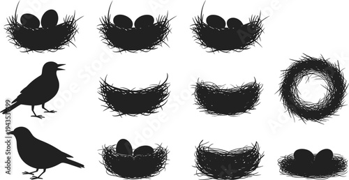 Bird nest and eggs silhouette collection with small bird figures, natural wildlife nesting set isolated illustration for nature, spring breeding season, ecology, and ornithology design