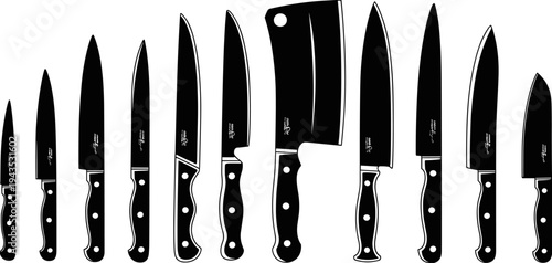 Collection of kitchen knives silhouettes including chef knife, cleaver, carving and utility knives arranged in row, professional cooking tools vector illustration isolated