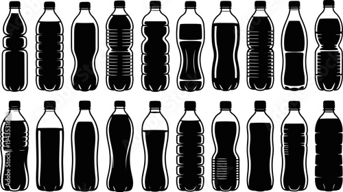 Collection of plastic water bottle silhouettes in different shapes, beverage container packaging templates isolated on white background, drink bottle design elements set for branding