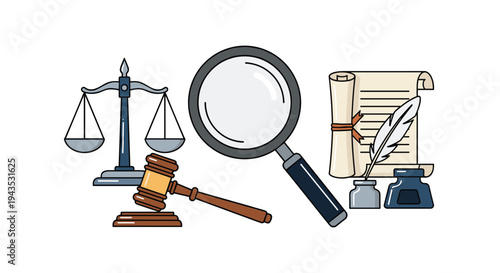 A magnifying glass, a scale of justice, a wooden gavel, a rolled scroll, and an inkwell with a quill are arranged together on a white surface.