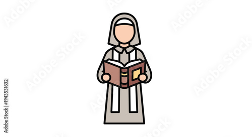 A cartoon nun in a grey habit and white wimple stands holding an open brown book with a yellow spine on a plain white background.