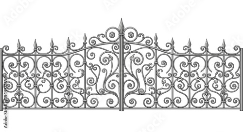 A grand, symmetrical wrought iron gate with elaborate scrollwork and decorative spear-like finials stands isolated against a clean white background.