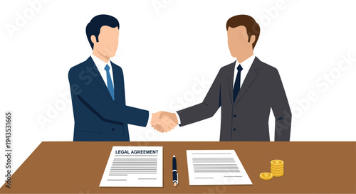 Two businessmen in suits shake hands across a wooden desk adorned with legal documents, a pen, and a small stack of gold coins.