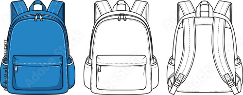 Classic School Backpack Flat Technical Sketch Vector Template with Front and Back View