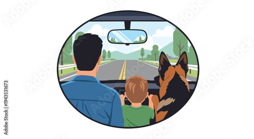 A colorful illustration framed in an oval shows a man driving a car with a child and a German Shepherd, viewed from the rear.