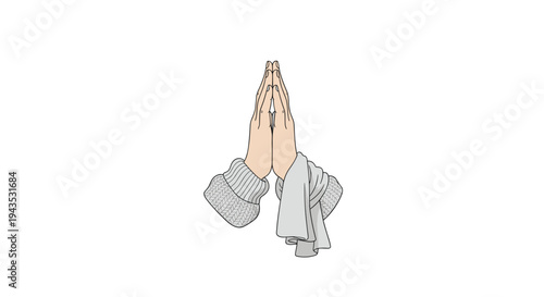 Two light-skinned hands are clasped together in a centered praying gesture, adorned with grey knitted sleeves and a scarf.