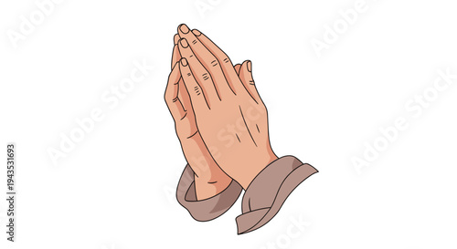 Two light-skinned hands are clasped together in a reverent praying gesture, with simple brown sleeves visible.