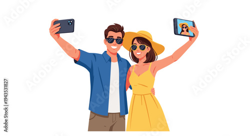 A cheerful man in a blue shirt and a woman in a yellow dress with a hat are taking a dual selfie with their smartphones.