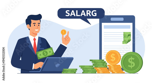 Businessman holding cash and laptop with sale.