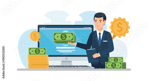 Businessman interacting with digital money display.