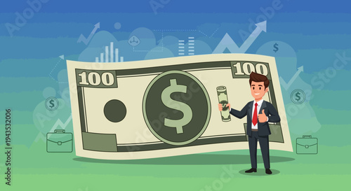 Businessman holding giant one hundred dollar bill.