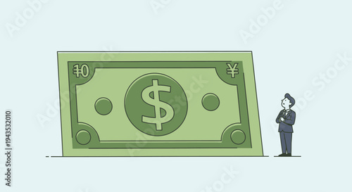 Businessman Standing Next to Large Ten Dollar Bill.