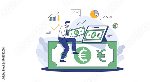 Businessman Standing on Giant Banknote Illustration.