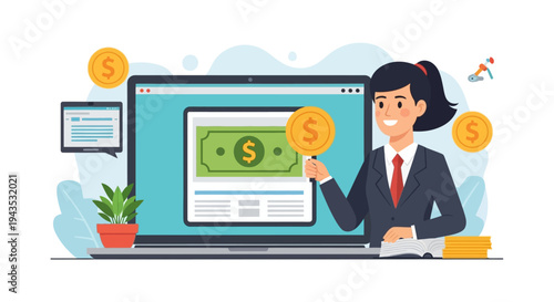 Businesswoman holding money near laptop screen.