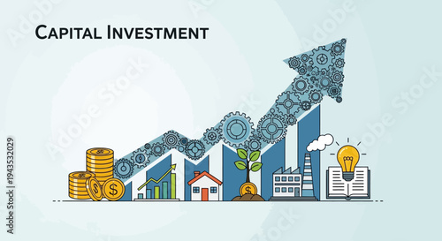 Capital Investment Growth Graph with Coins and Buildings.