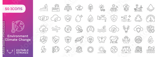 Environmental Sustainability Editable Stroke Icons Set – Climate Change, Renewable Energy, Nature Conservation and Eco Protection Outline Vector Collection