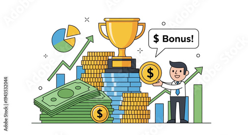 Cartoon Man Celebrating Success with Money.