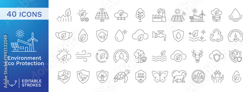 Environment and Sustainability Editable Stroke Icons Set – Renewable Energy, Nature Conservation, Water Protection and Eco-Friendly Technology Outline Vector Collection
