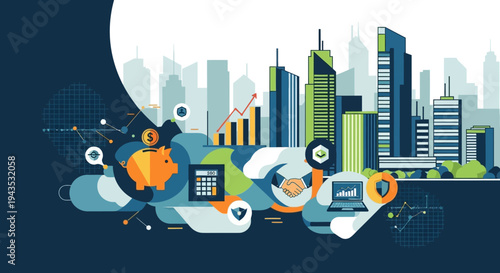 Digital Cityscape with Modern Buildings and Icons.