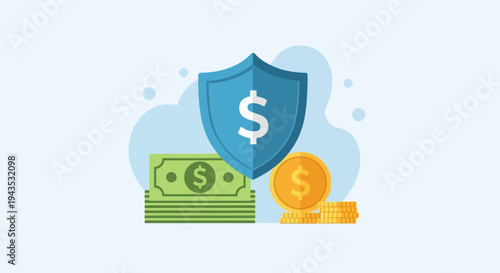Financial Security Shield Protecting Money and Coins.