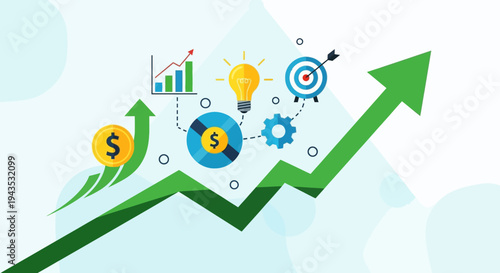 Green Arrow Graph with Financial Symbols.